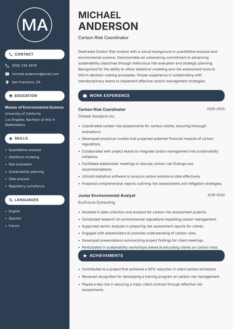 Carbon Risk Analyst Resume Preview Example