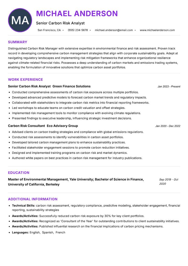 Carbon Risk Manager Resume Preview Example