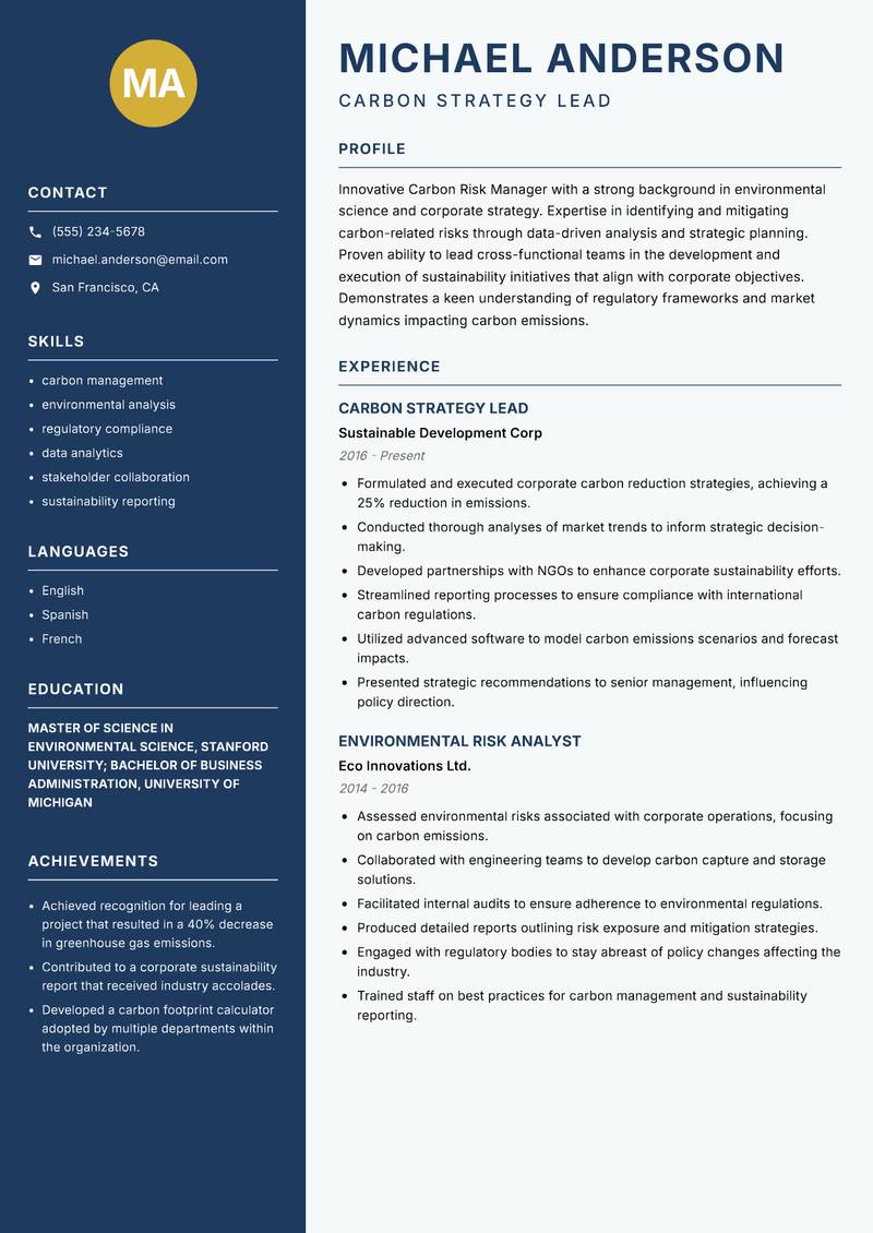Carbon Risk Manager Resume Preview Example