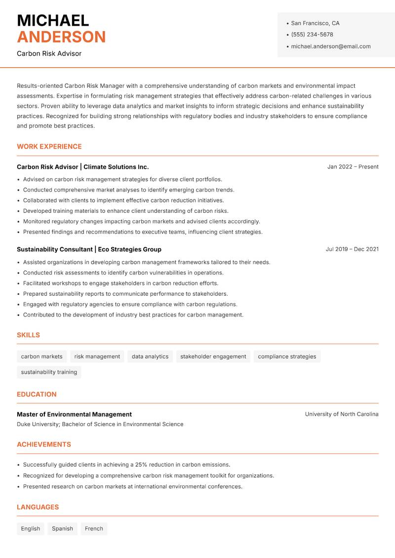 Carbon Risk Manager Resume Template