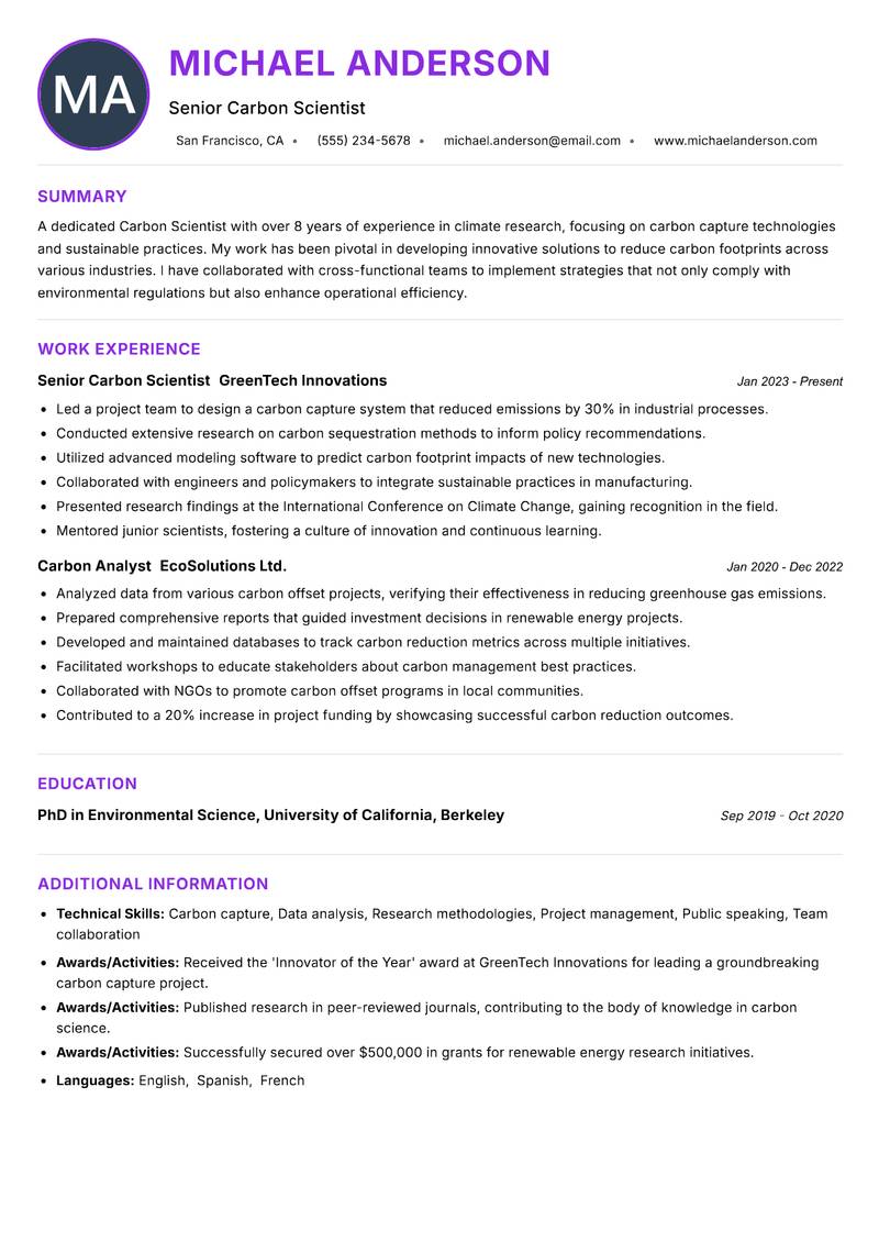 Carbon Scientist Resume Preview Example