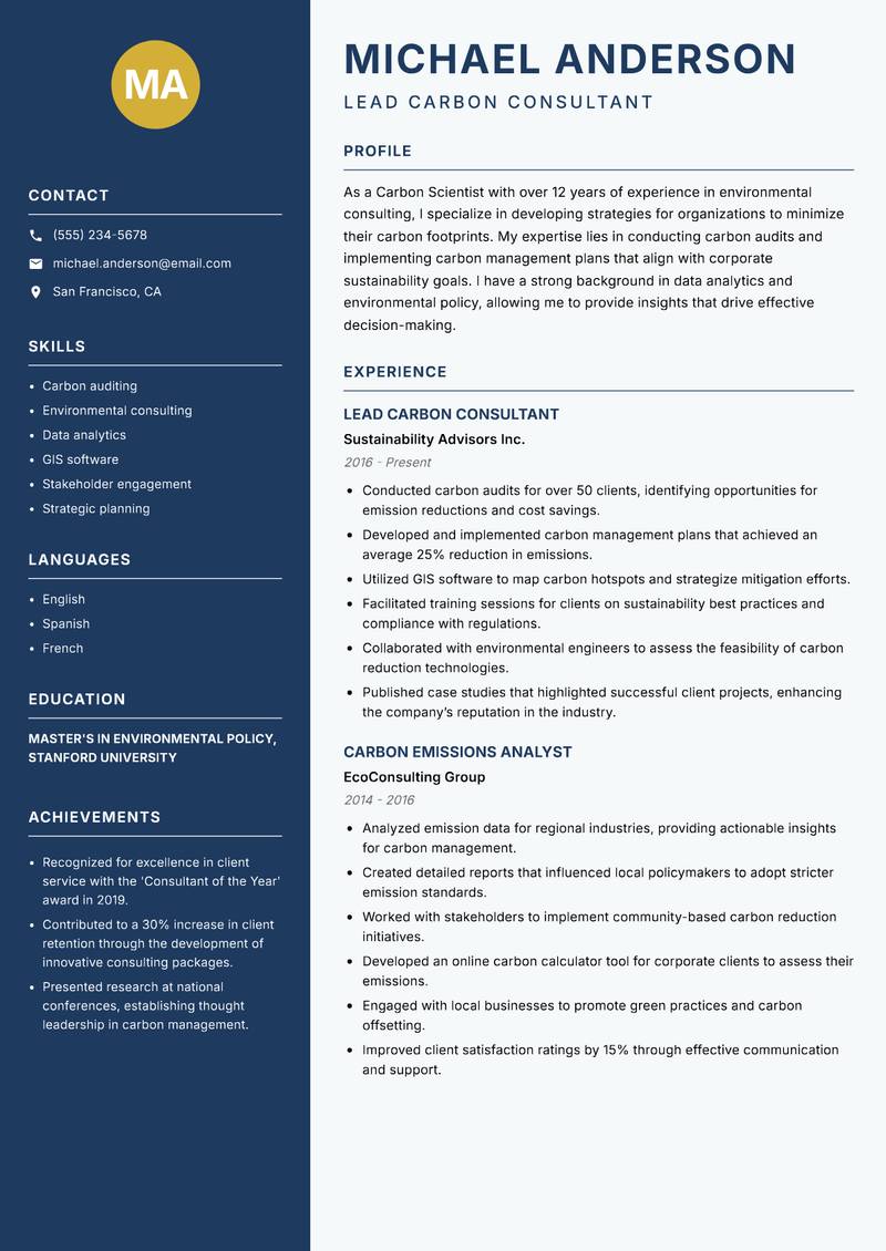 Carbon Scientist Resume Preview Example