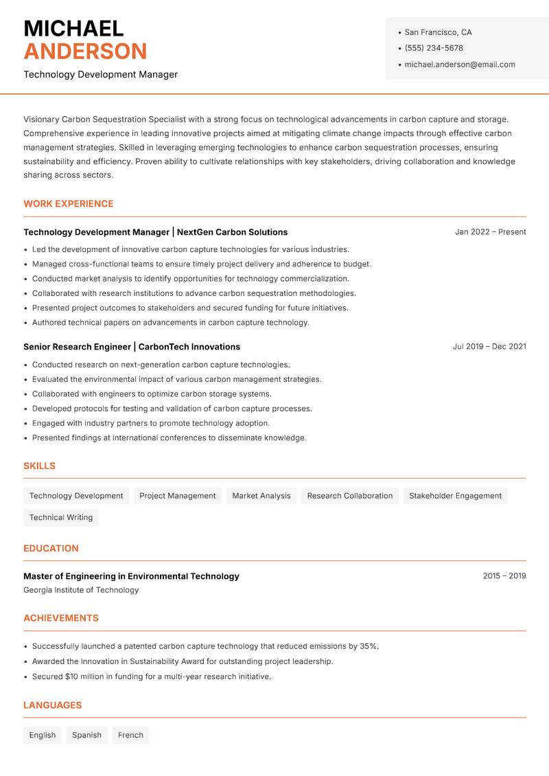 Carbon Sequestration Specialist Resume Template
