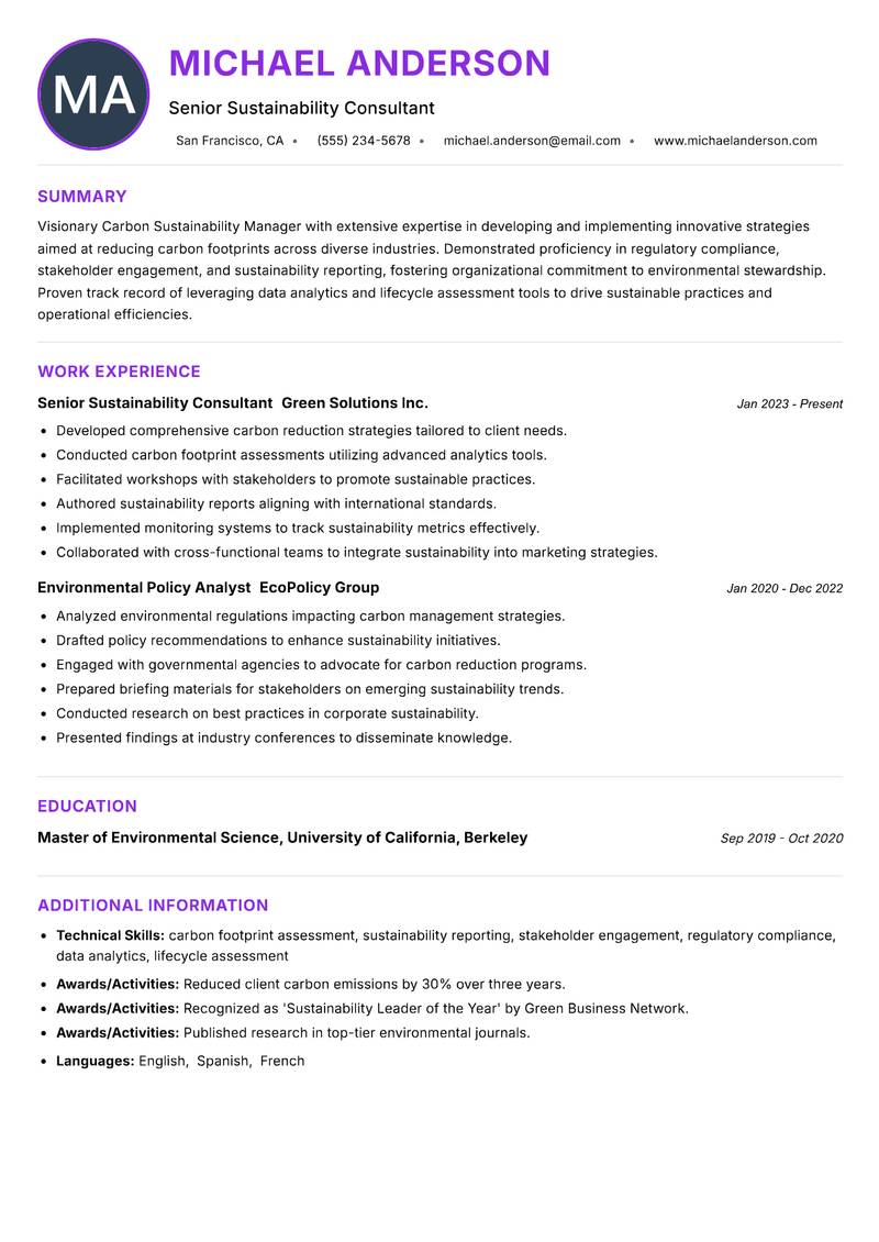 Carbon Sustainability Manager Resume Preview Example