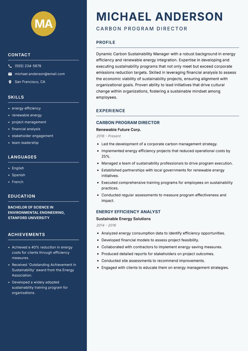 Carbon Sustainability Manager Resume Preview Example