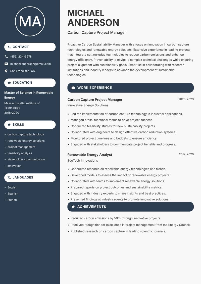 Carbon Sustainability Manager Resume Preview Example