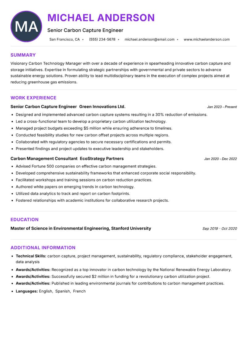 Carbon Technology Manager Resume Preview Example