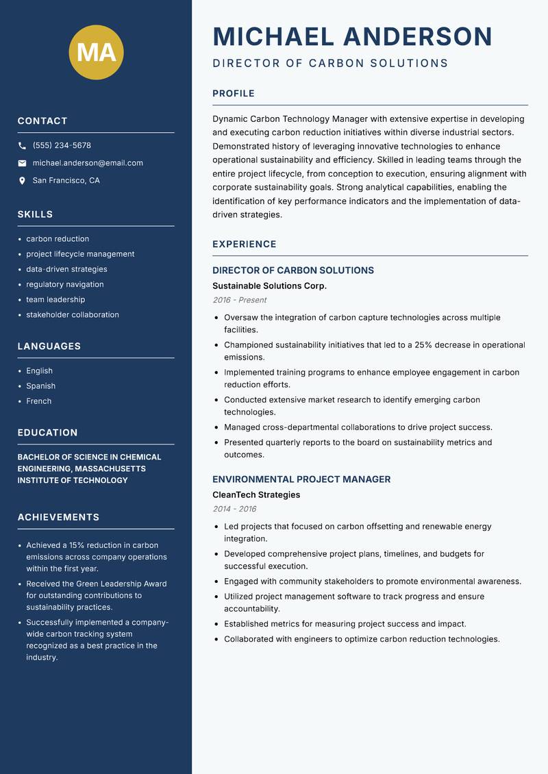 Carbon Technology Manager Resume Preview Example