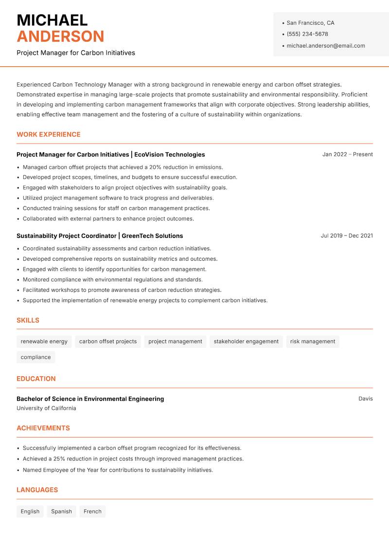 Carbon Technology Manager Resume Template