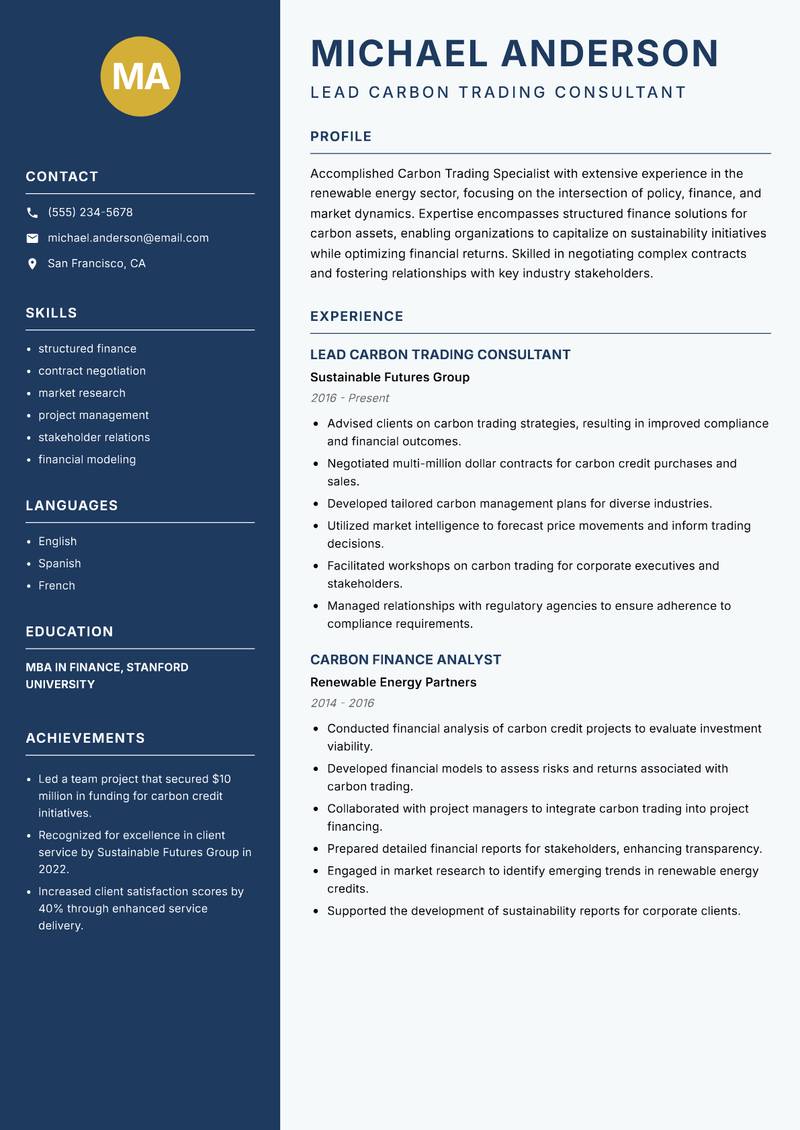 Carbon Trading Specialist Resume Preview Example
