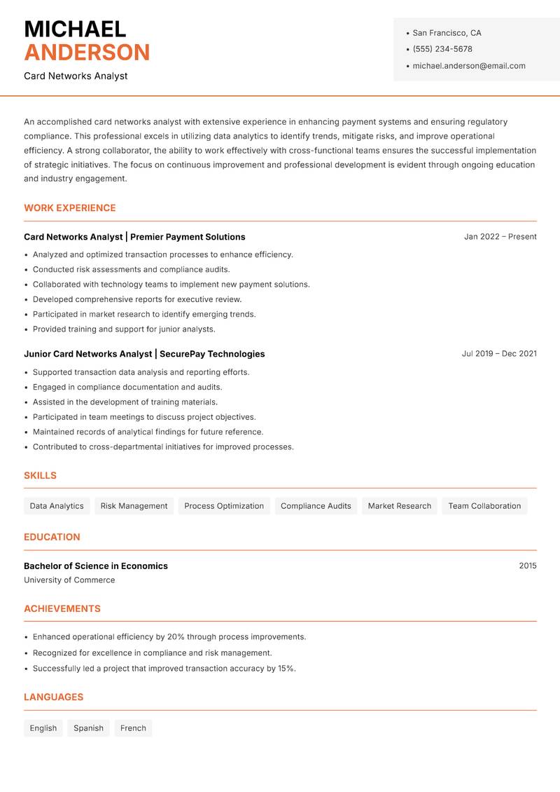 Card Networks Analyst Resume Template