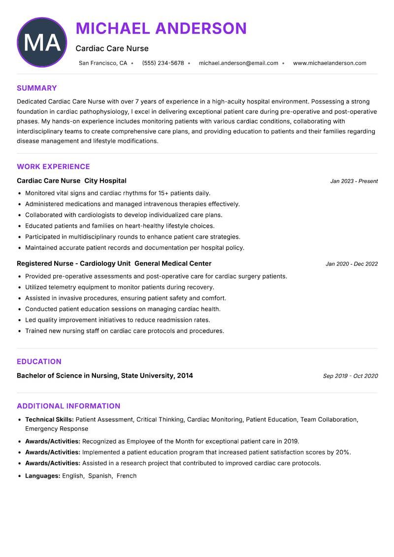 Cardiac Care Nurse Resume Preview Example