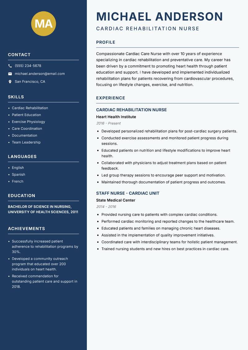 Cardiac Care Nurse Resume Preview Example
