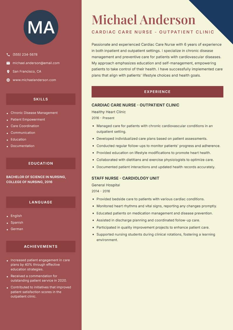 Cardiac Care Nurse Resume Preview Example