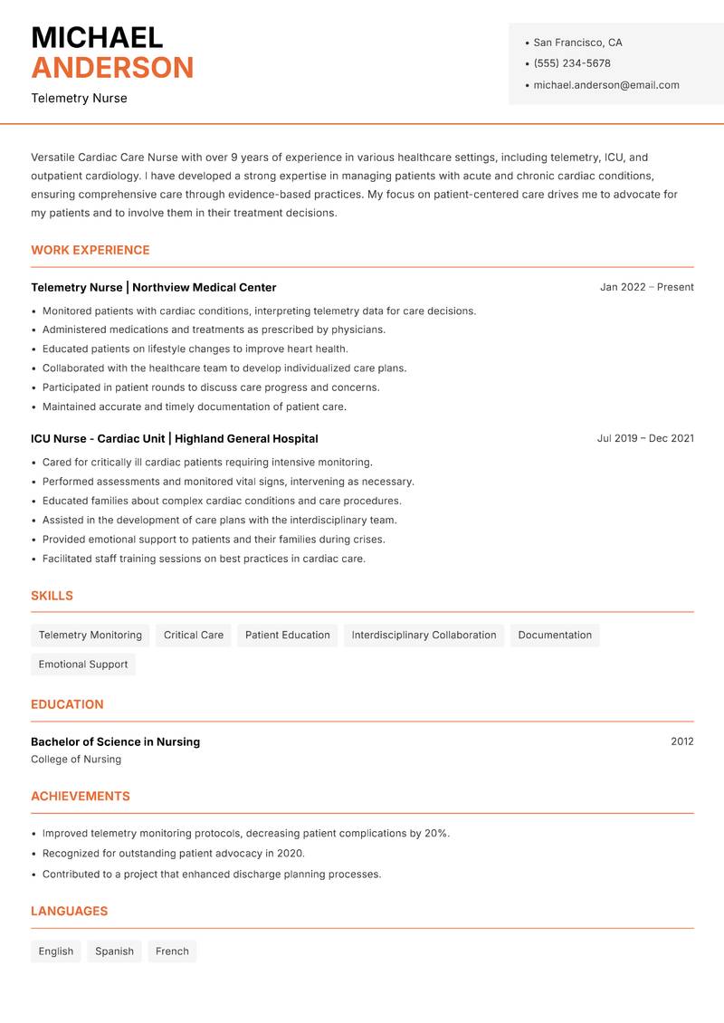 Cardiac Care Nurse Resume Template