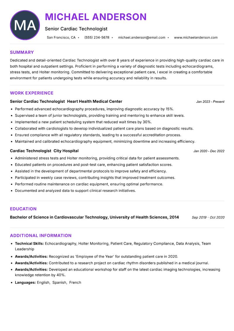 Cardiac Technologist Resume Preview Example