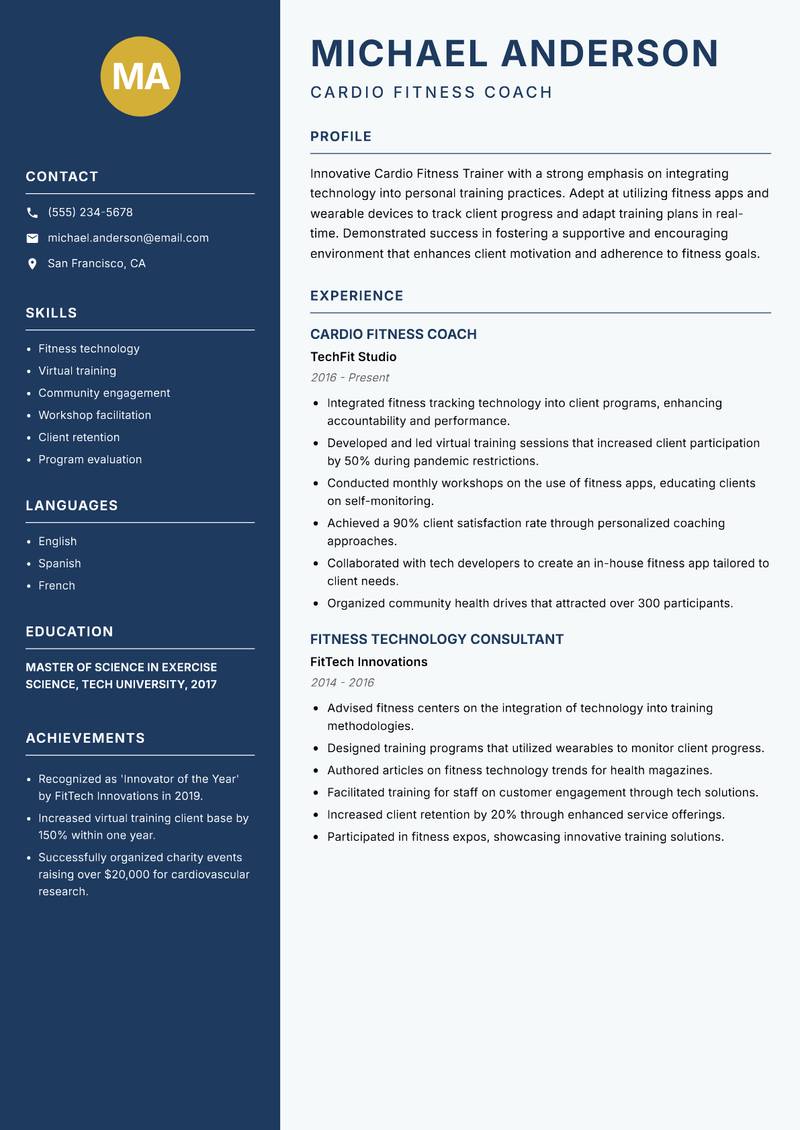 Cardio Fitness Trainer Resume Preview Example