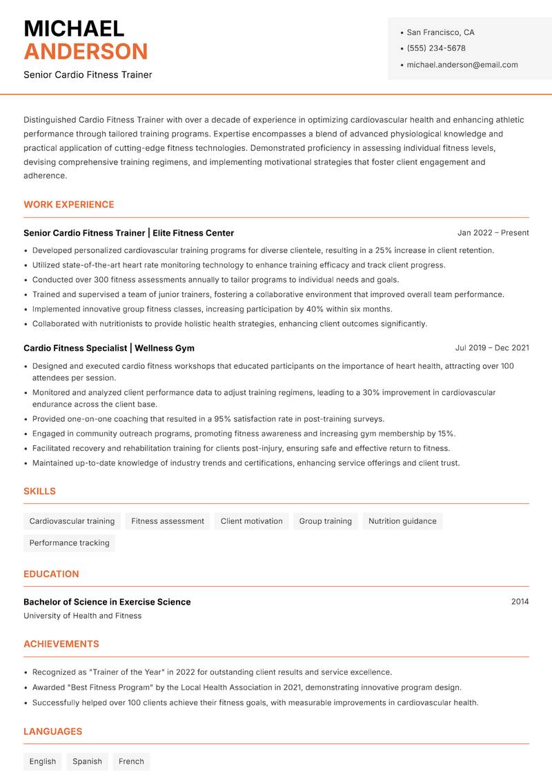 Cardio Fitness Trainer Resume Template