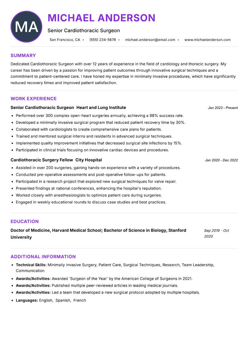 Cardiothoracic Surgeon Resume Preview Example