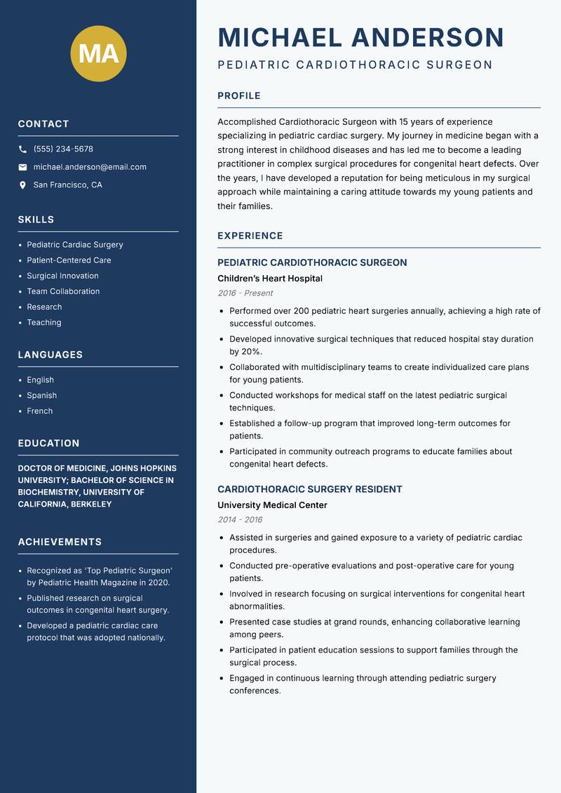 Cardiothoracic Surgeon Resume Preview Example