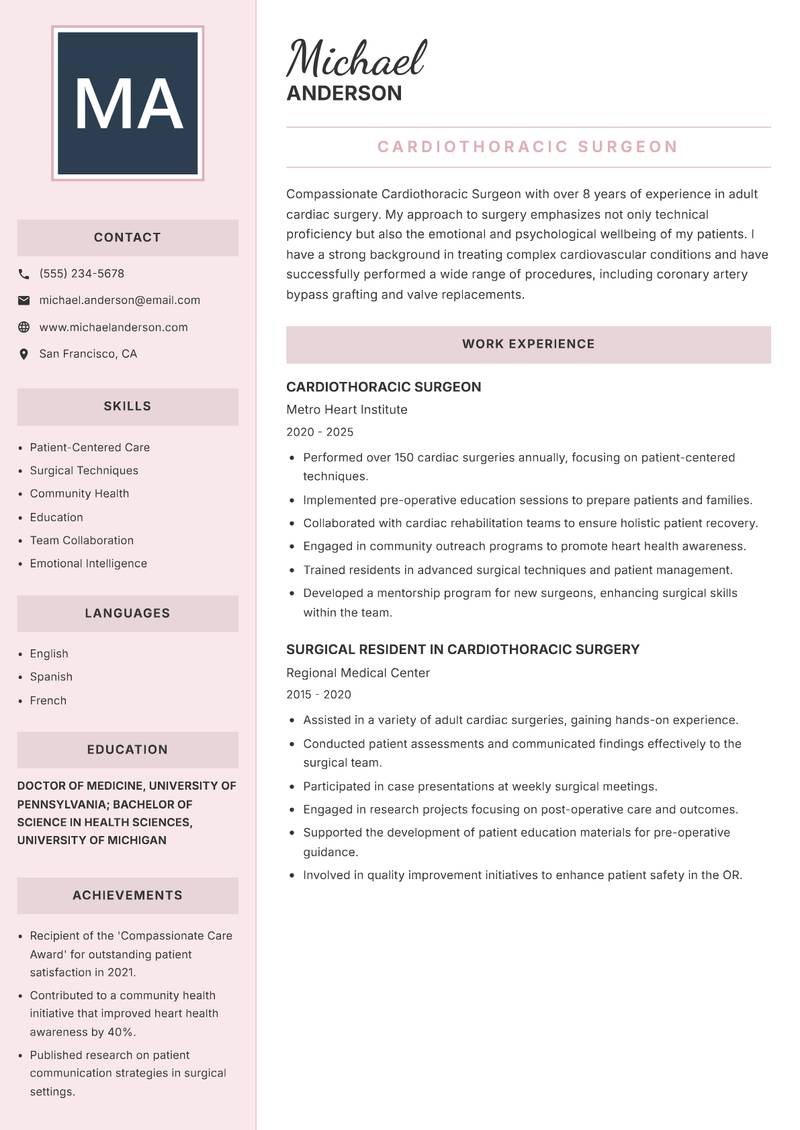 Cardiothoracic Surgeon Resume Preview Example