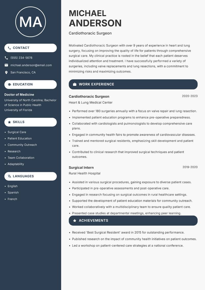 Cardiothoracic Surgeon Resume Preview Example