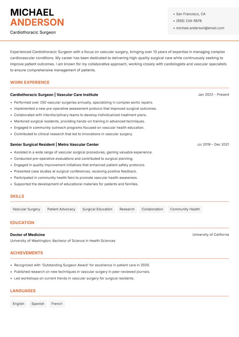 Cardiothoracic Surgeon Resume Template