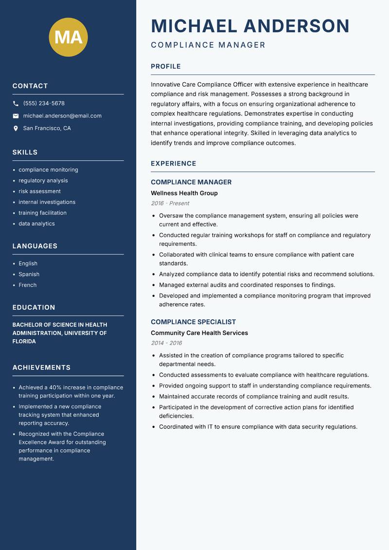 Care Compliance Officer Resume Preview Example