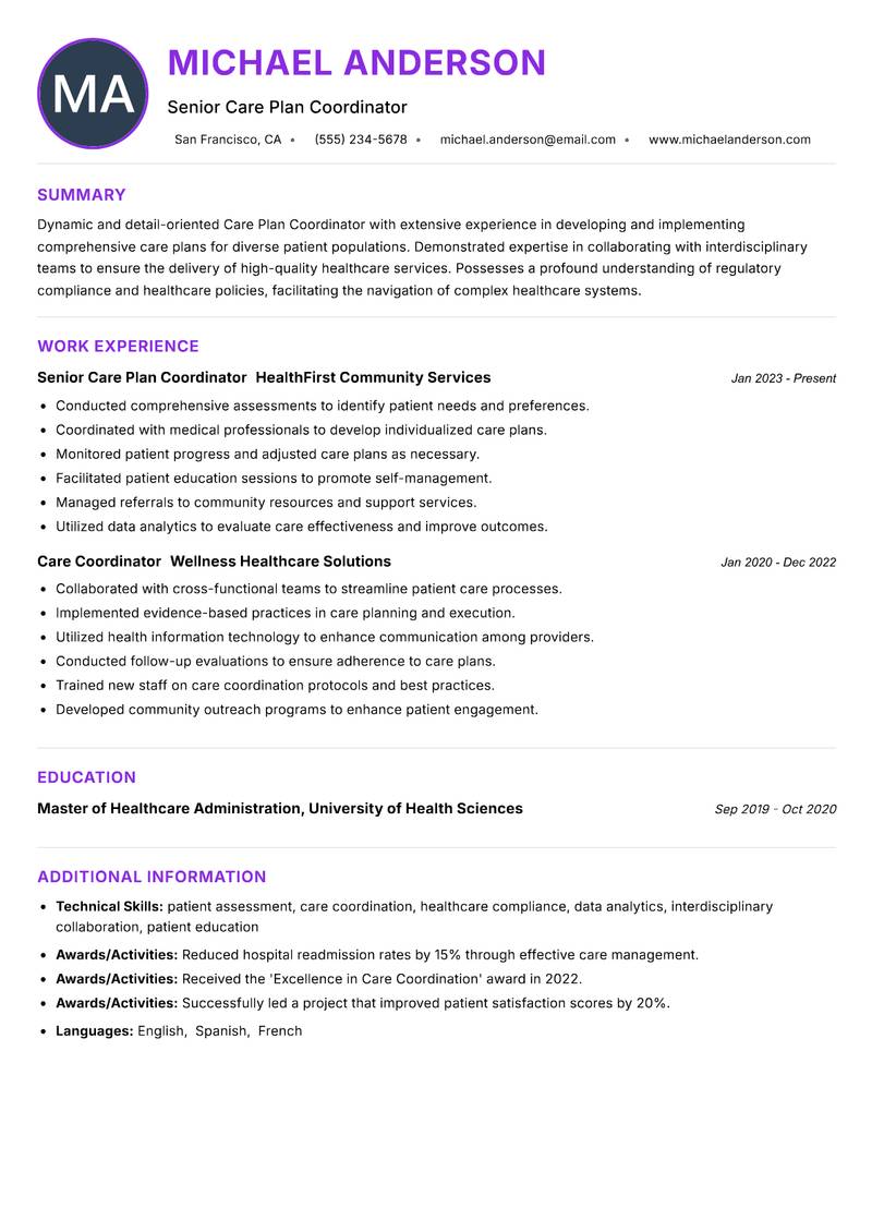 Care Plan Coordinator Resume Preview Example