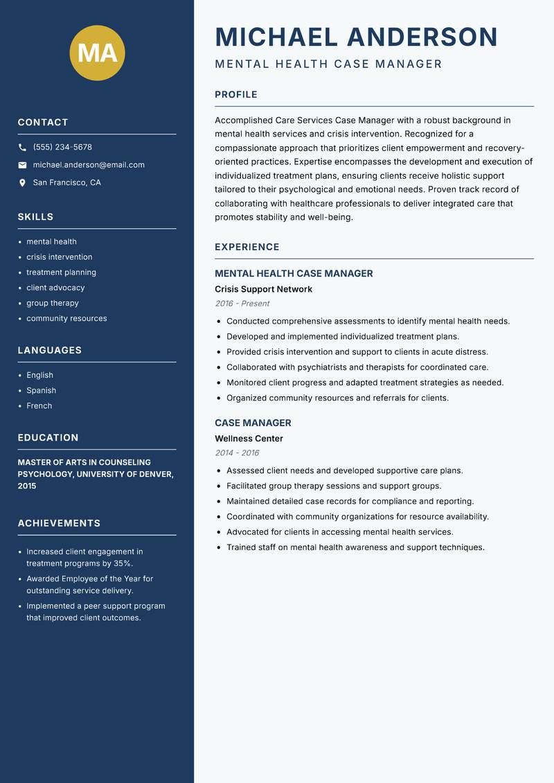 Care Services Case Manager Resume Preview Example