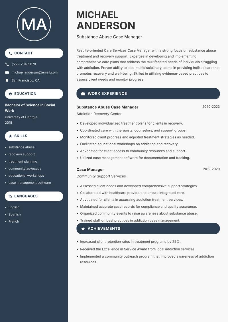 Care Services Case Manager Resume Preview Example