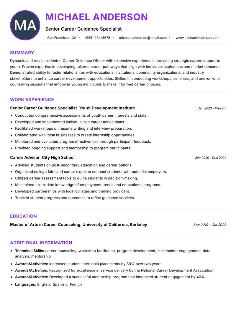 Career Guidance Officer Youth Resume Preview Example