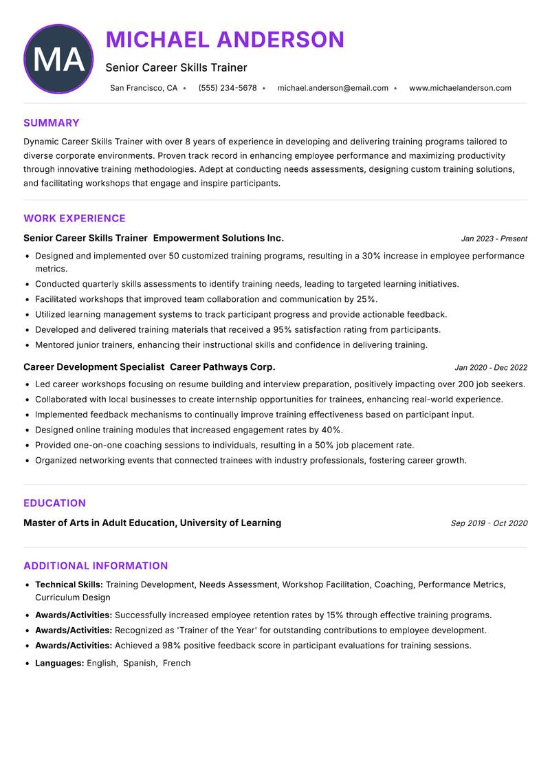 Career Skills Trainer Resume Preview Example