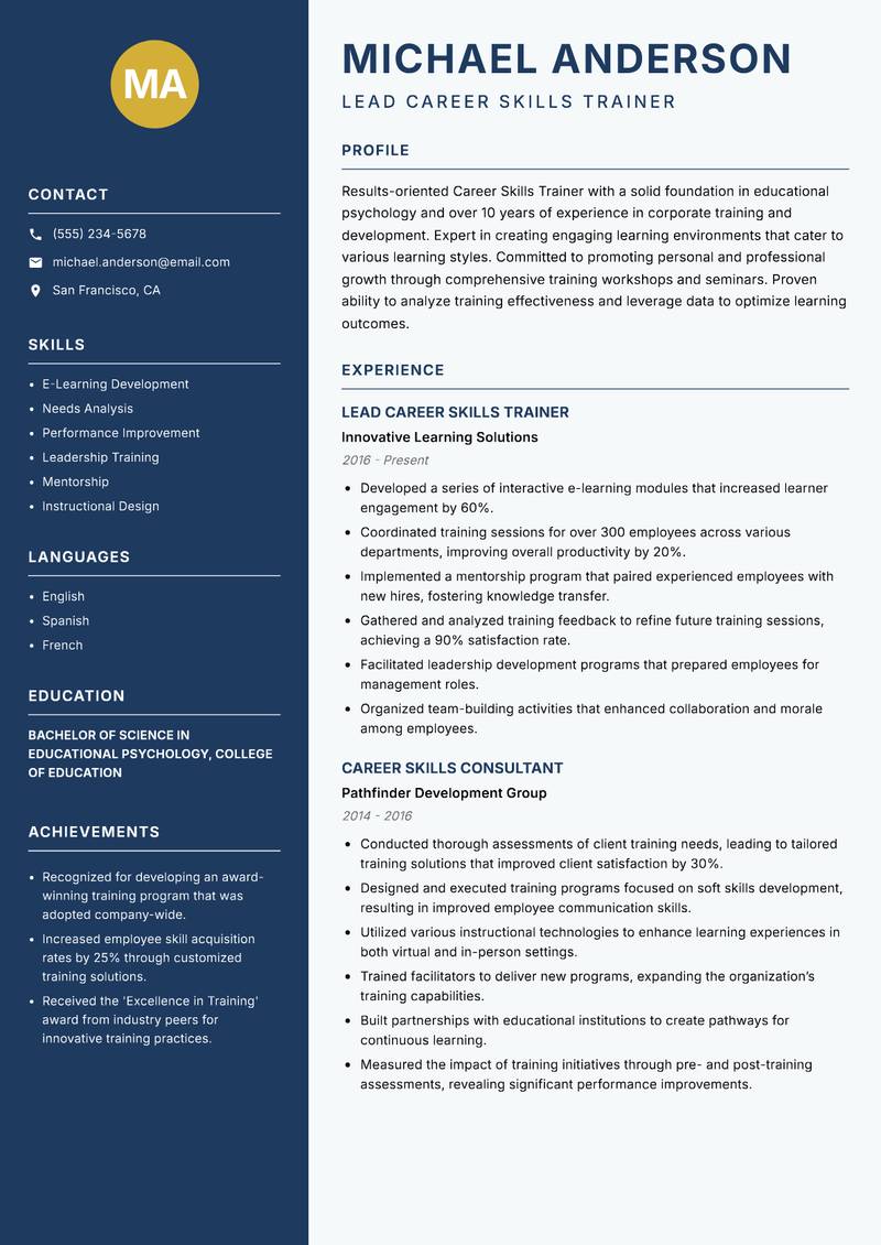 Career Skills Trainer Resume Preview Example