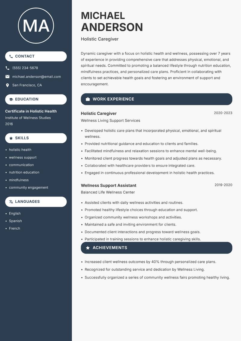 Caregiver Resume Preview Example