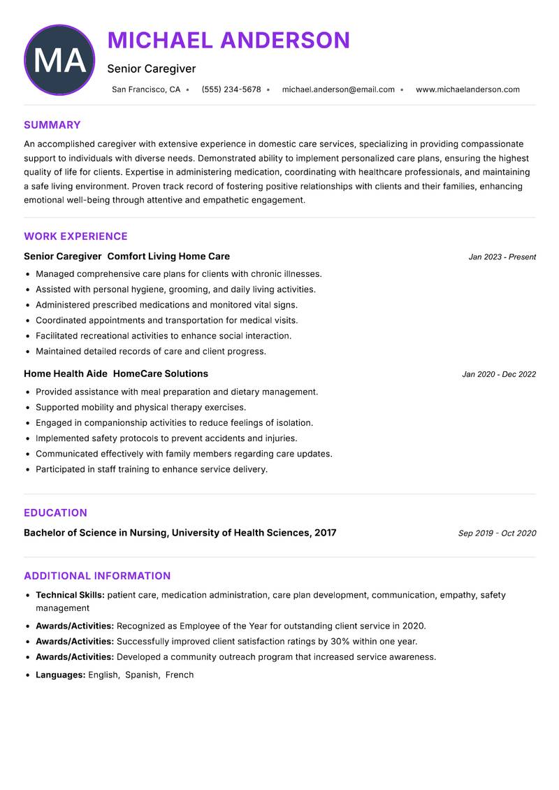 Caregiver Domestic Resume Preview Example