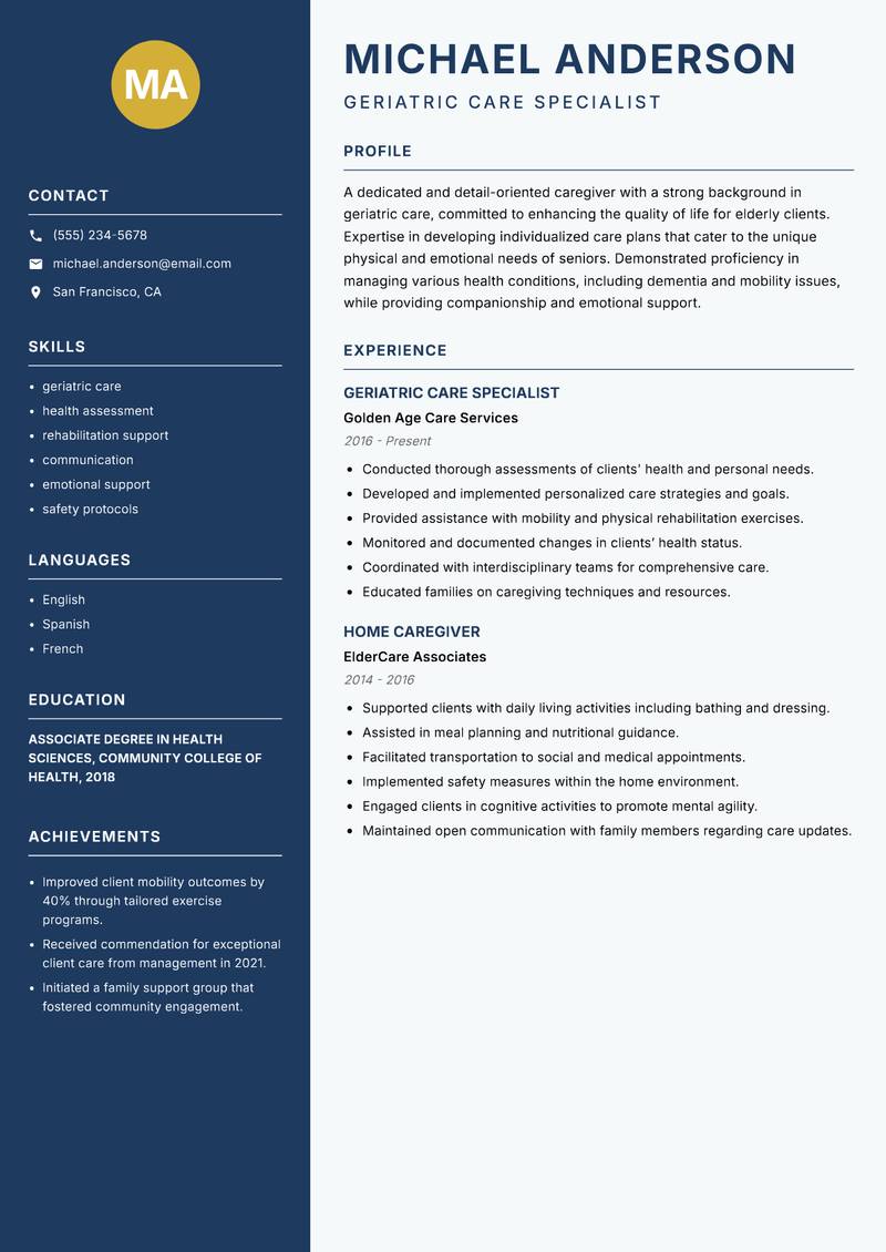 Caregiver Domestic Resume Preview Example
