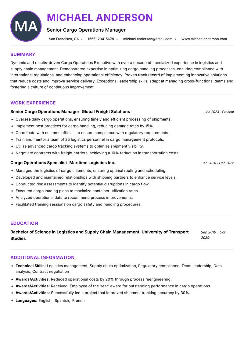Cargo Operations Executive Resume Preview Example
