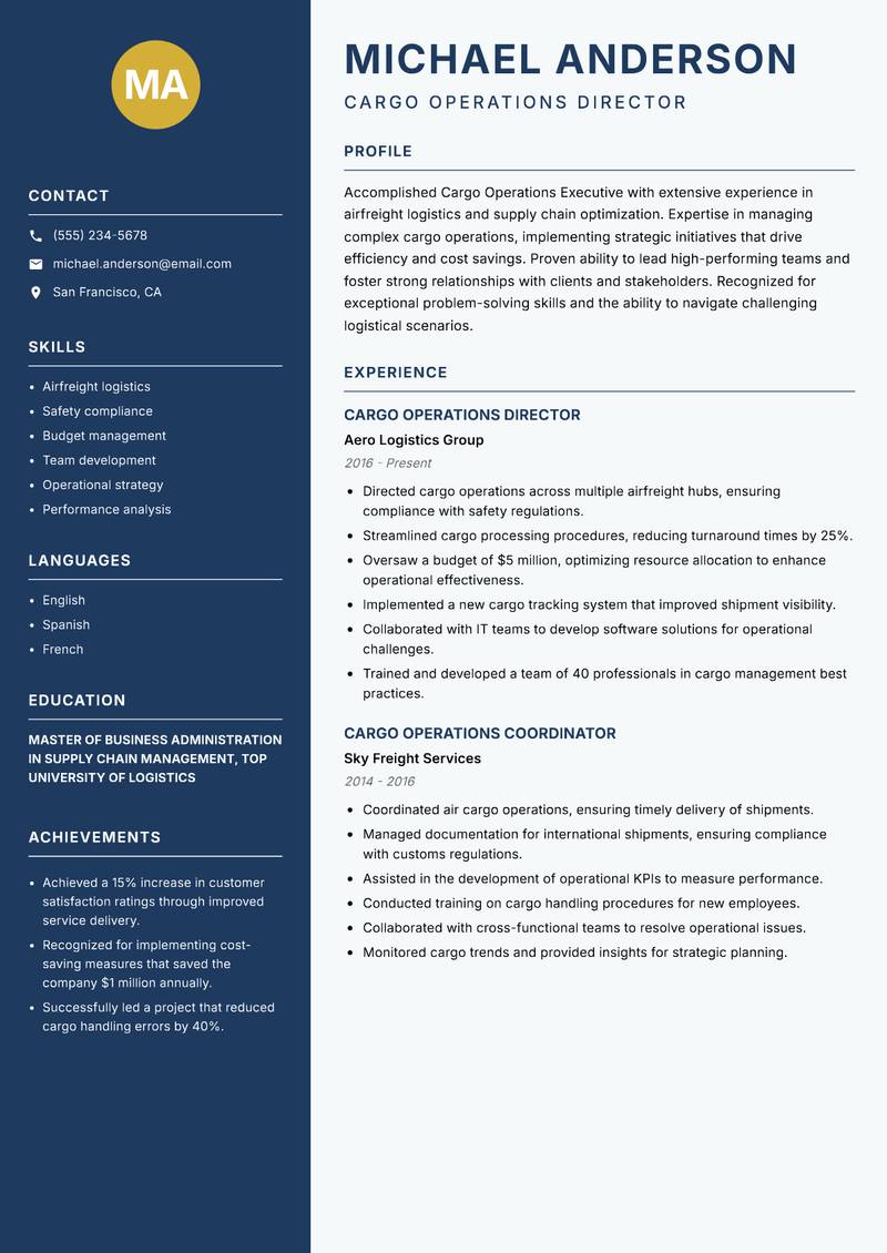 Cargo Operations Executive Resume Preview Example