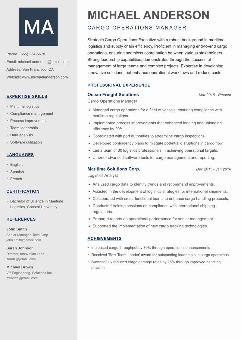Cargo Operations Executive Resume Preview Example