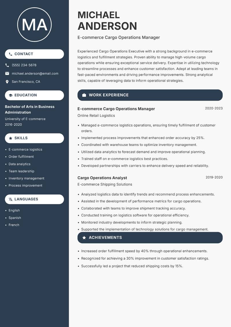 Cargo Operations Executive Resume Preview Example