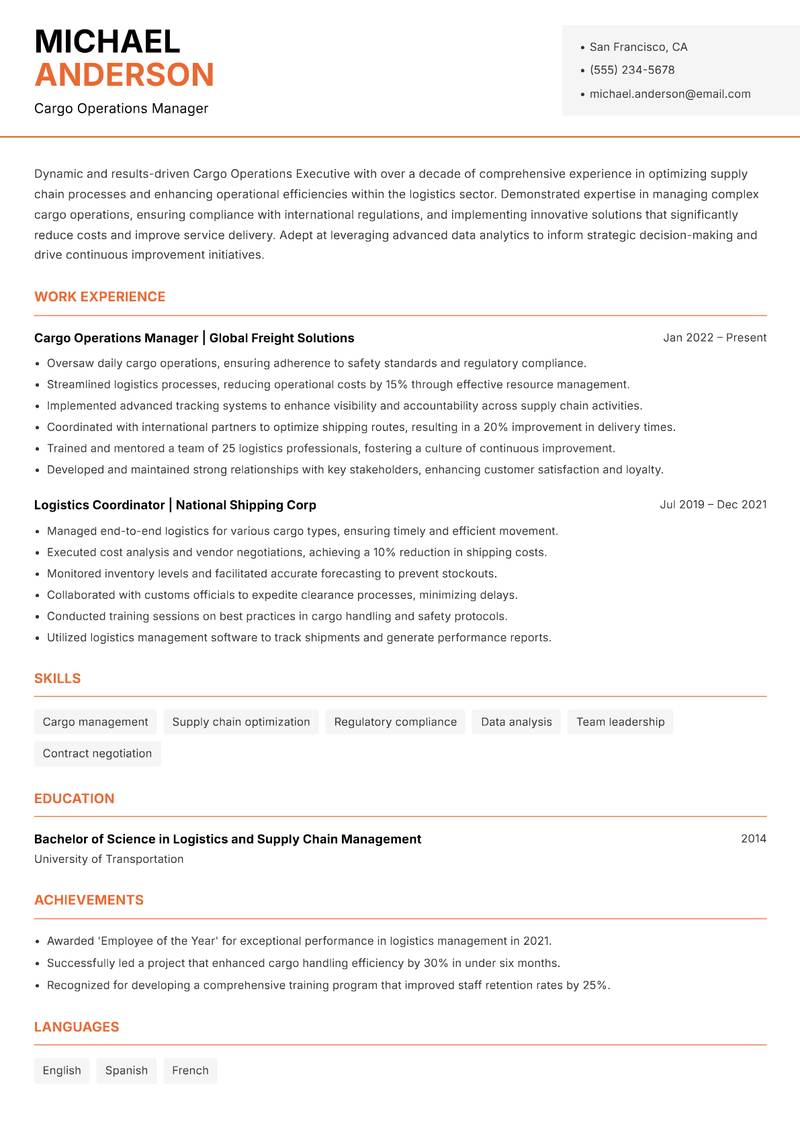 Cargo Operations Executive Resume Template