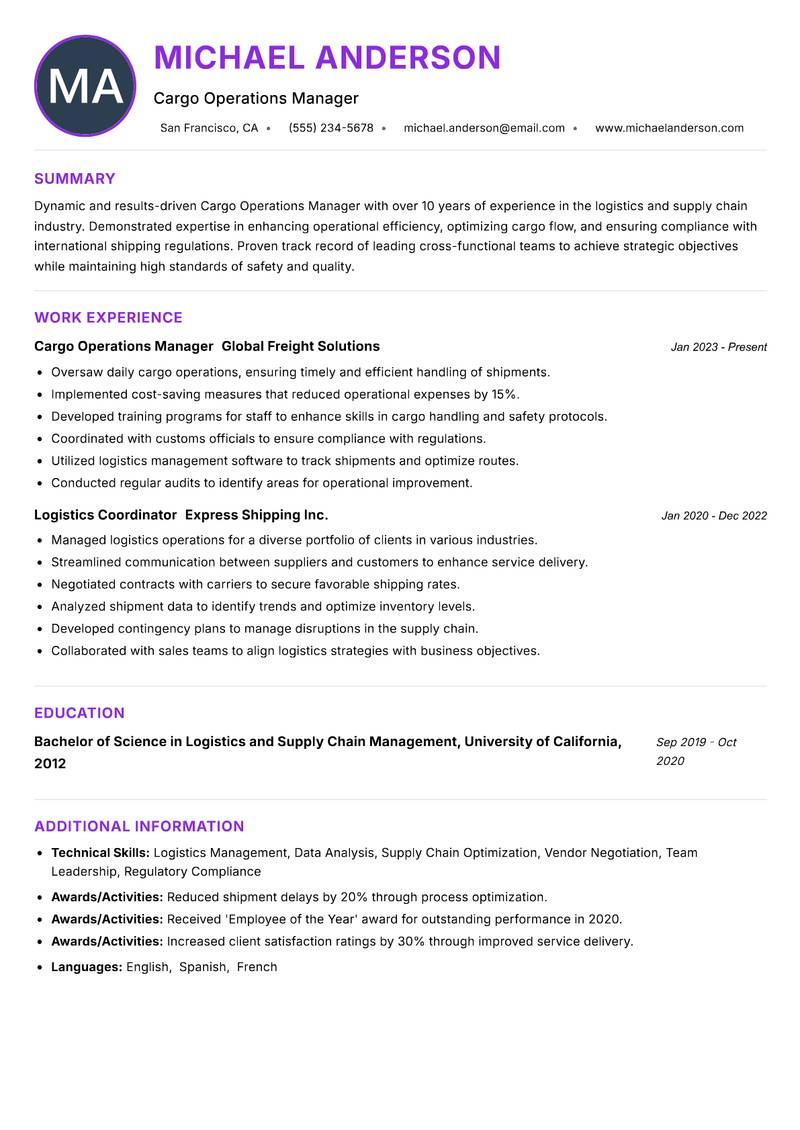 Cargo Operations Manager Resume Preview Example