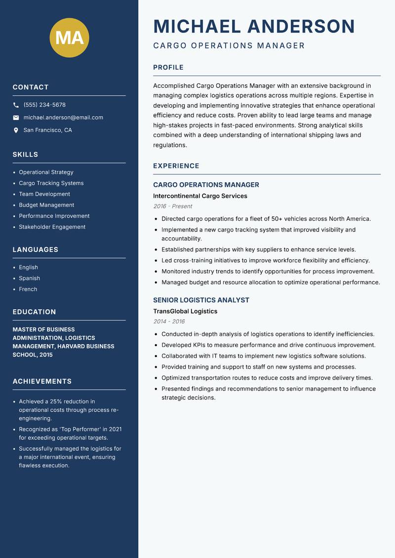 Cargo Operations Manager Resume Preview Example