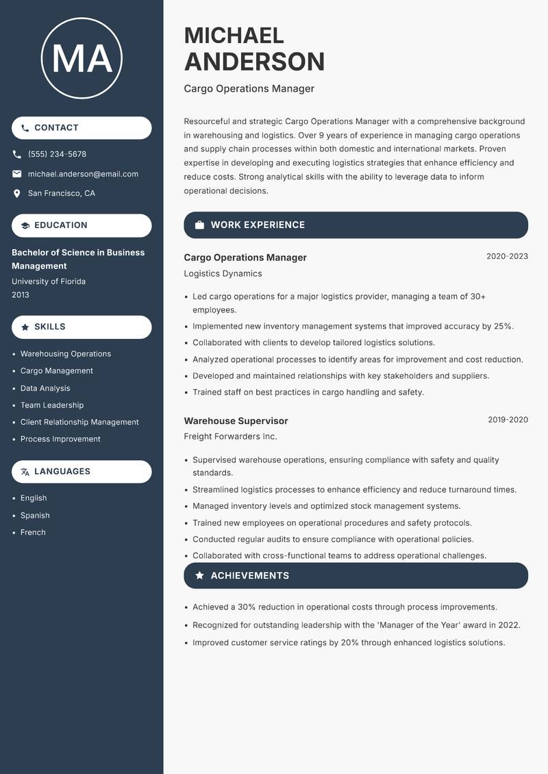 Cargo Operations Manager Resume Preview Example