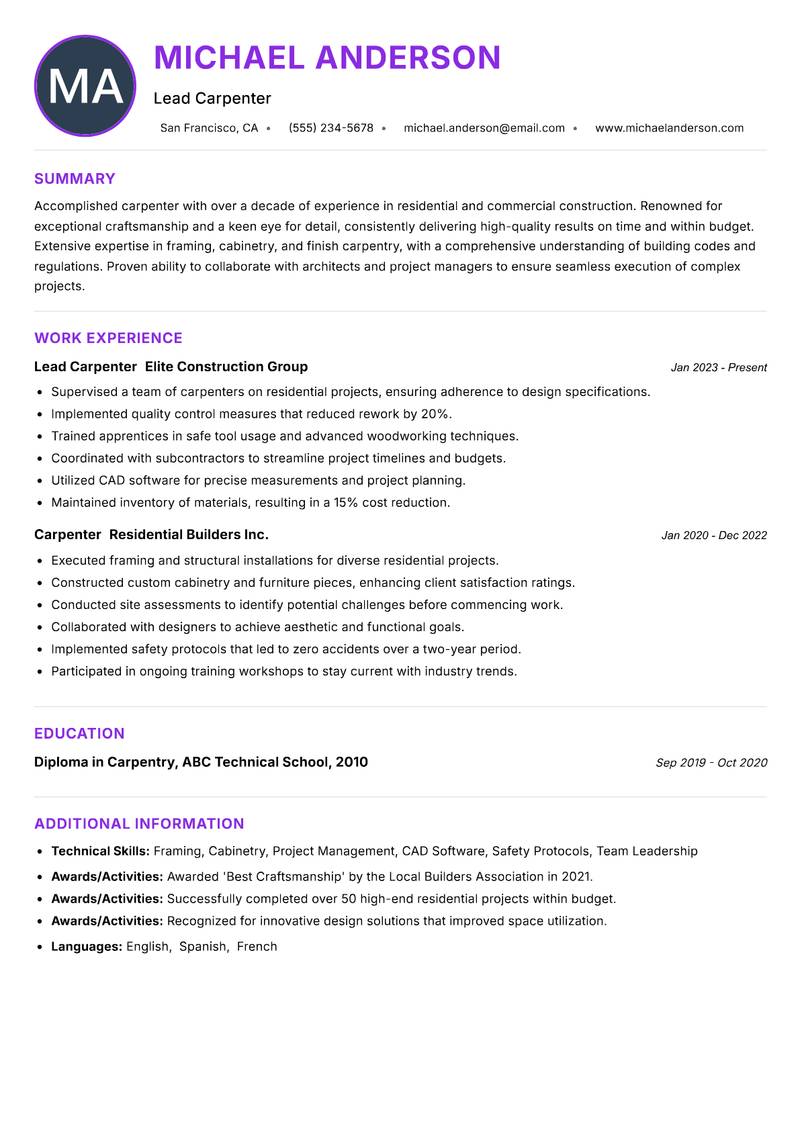 Carpenter Resume Preview Example
