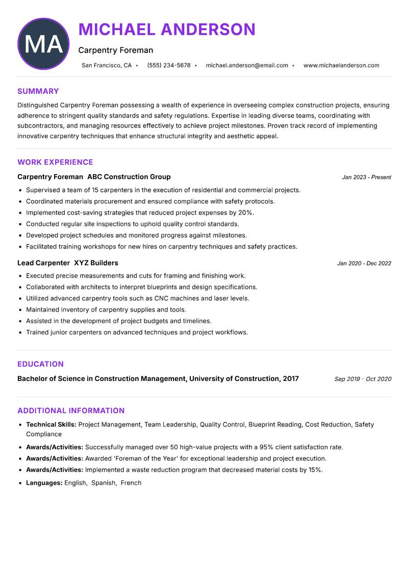 Carpentry Foreman Resume Preview Example