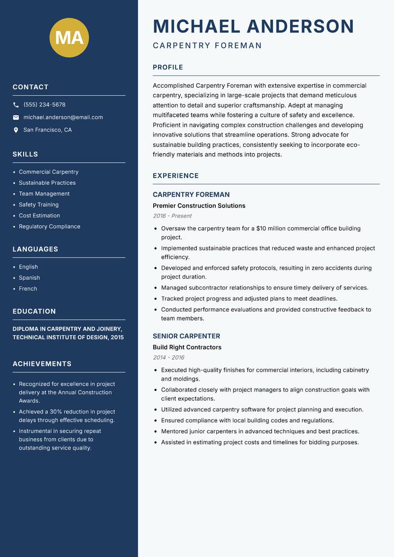 Carpentry Foreman Resume Preview Example