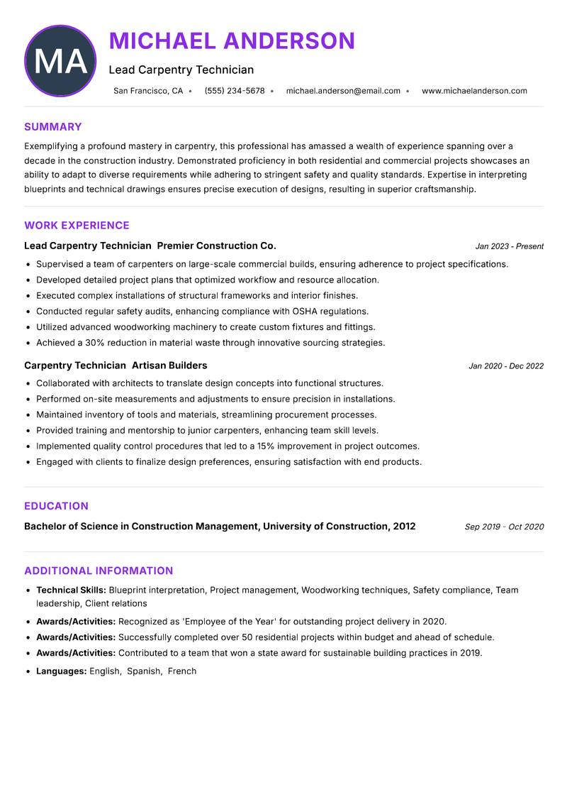 Carpentry Technician Resume Preview Example