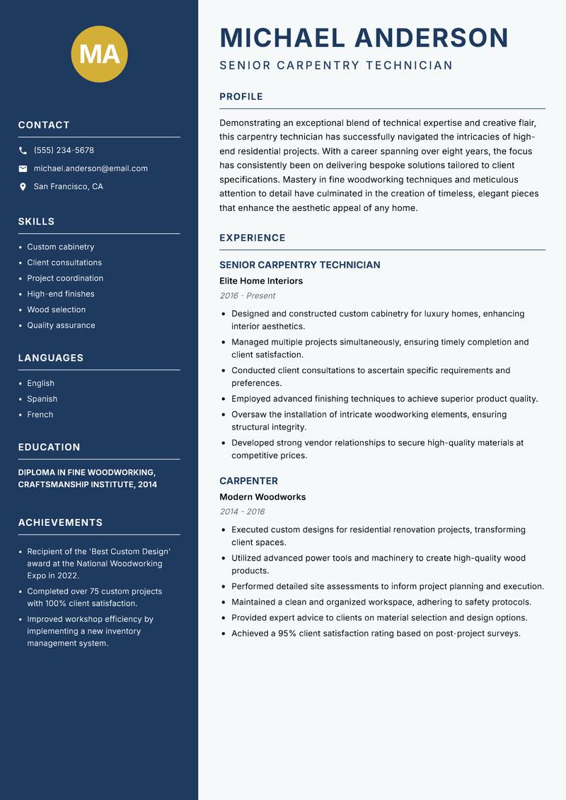 Carpentry Technician Resume Preview Example